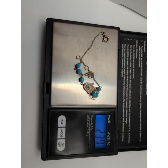 925 Vtg Hamas Hand Of Fatimata Evil Eye Blue beveled Beads Goldtone bracelet - Picture 6 of 11